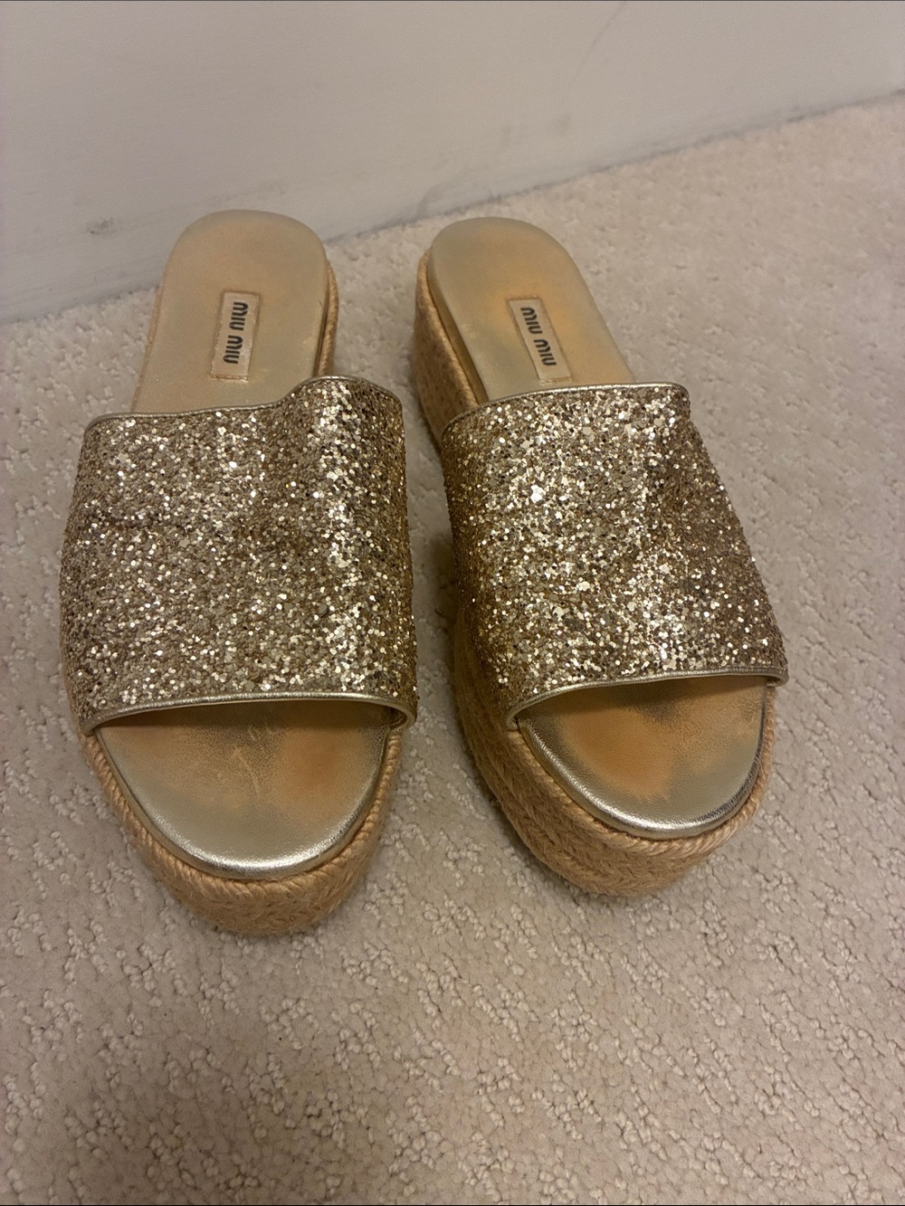 Miu Miu Gold Glitter Espadrille Flatform Platform Slide Sandals Size 39👝